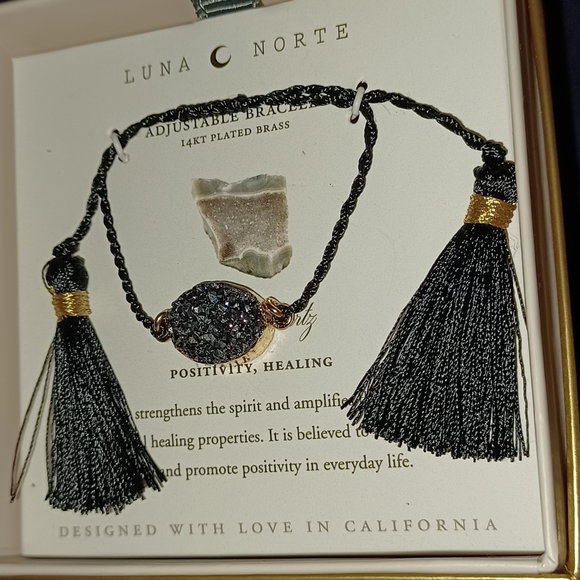 LUNA NORTE BLACK DRUSY QUARTZ GEMSTONE TASSELS ADJUSTABLE STRING BRACELET  NIB - Picture 8 of 11